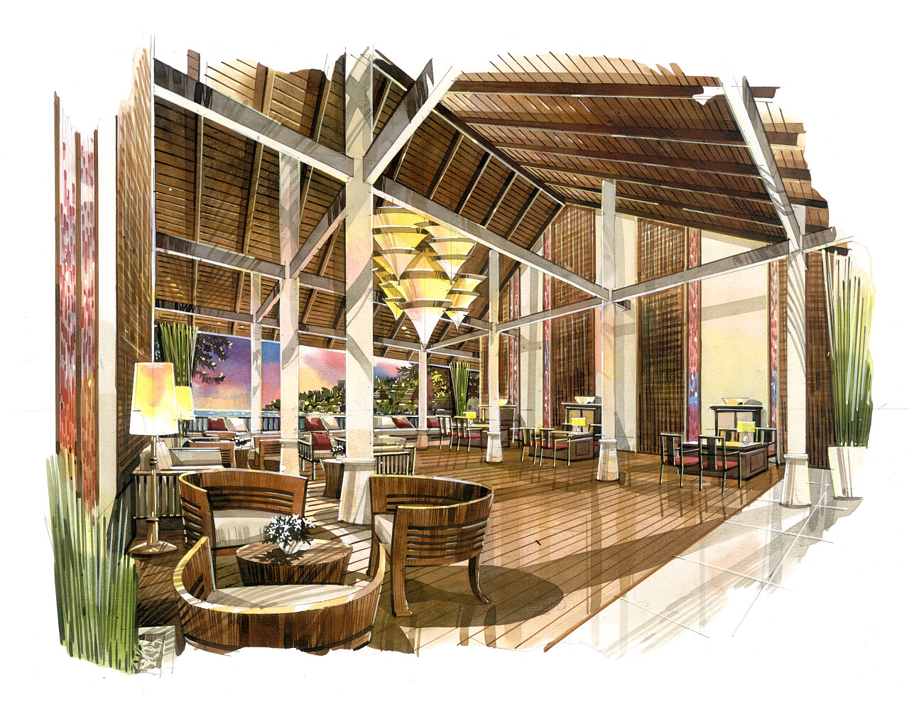 水彩酒店设计草图酒店设计现代风格建筑室内设计