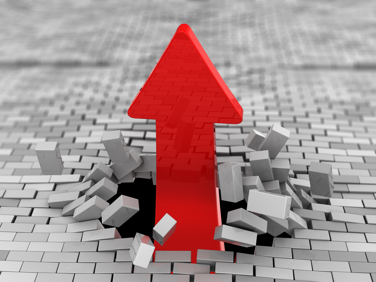 3d 插图向上的红箭头破砖墙领导箭头向上箭头抽象三维图突破执行力激励提升箭头提升提高上涨