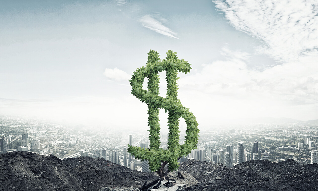 美元符号货币符号自然环保自然风景大山山峰连山山上建筑