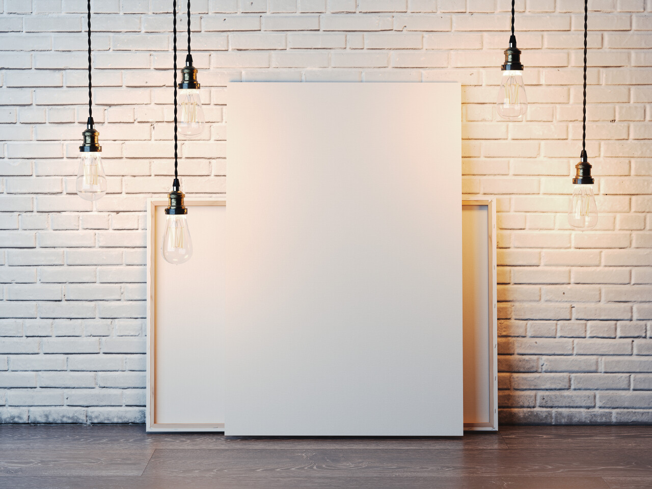 两个空白白色帆布发光灯泡墙面砖现代的阁楼