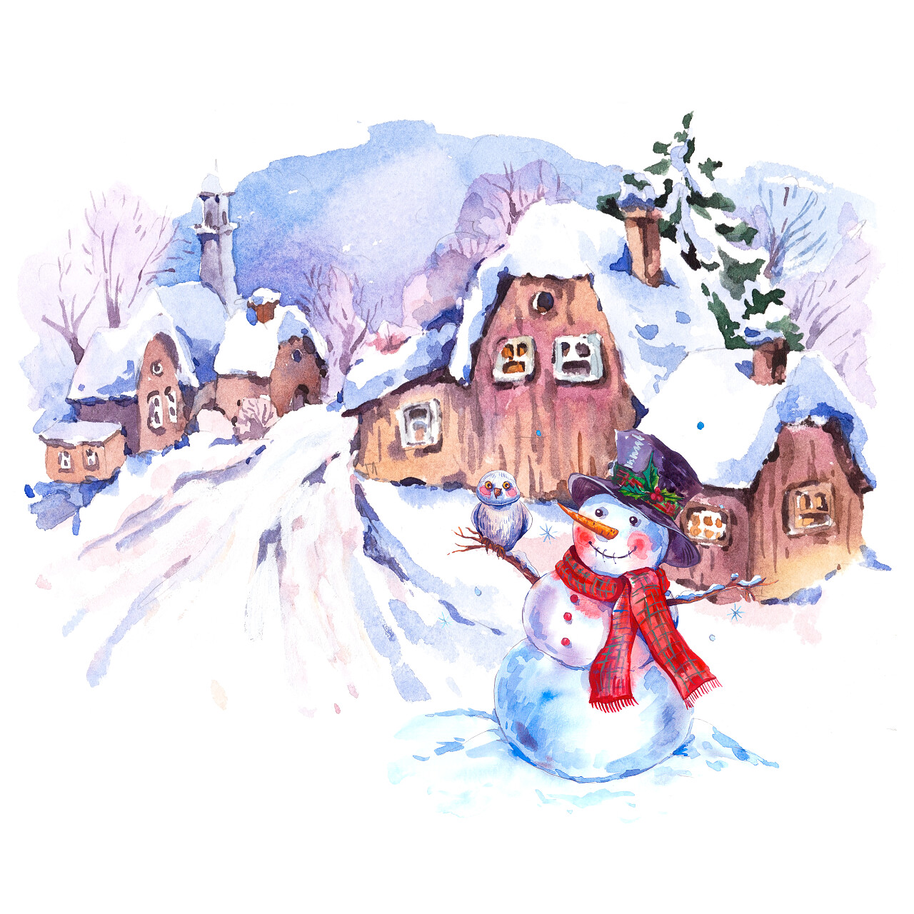 手绘插画乡村水彩冬季景观童话冬天水彩插图