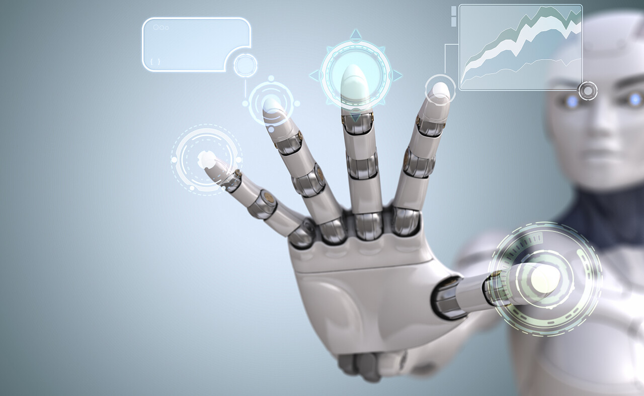 科幻机器人手工作与电路板上的虚拟接口的抽象未来派背景