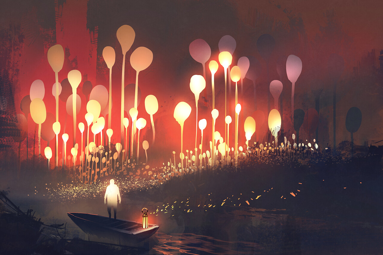 梦幻森林发光的树小船插图手绘绘画