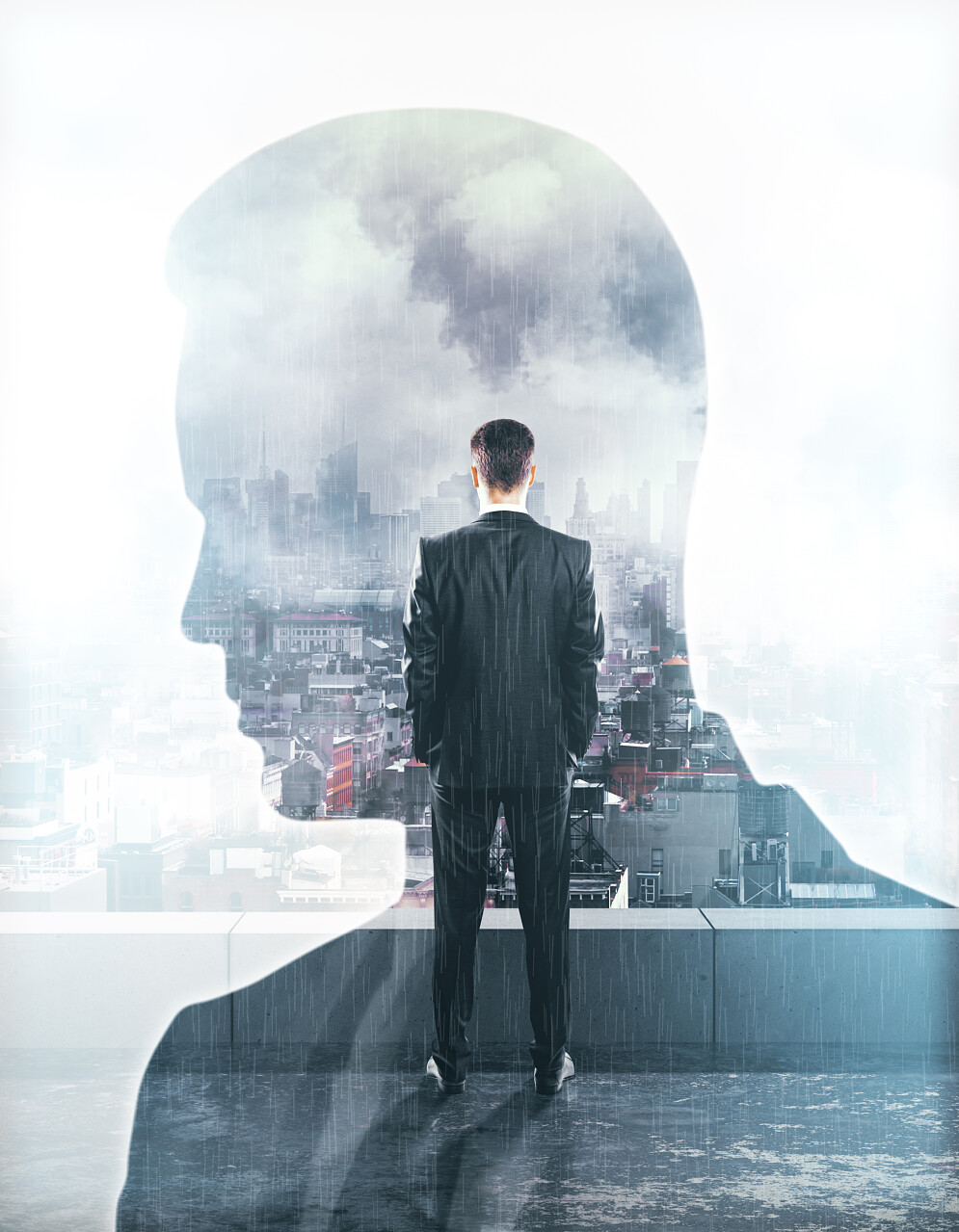 虚拟城市的商人背影孤独的男人