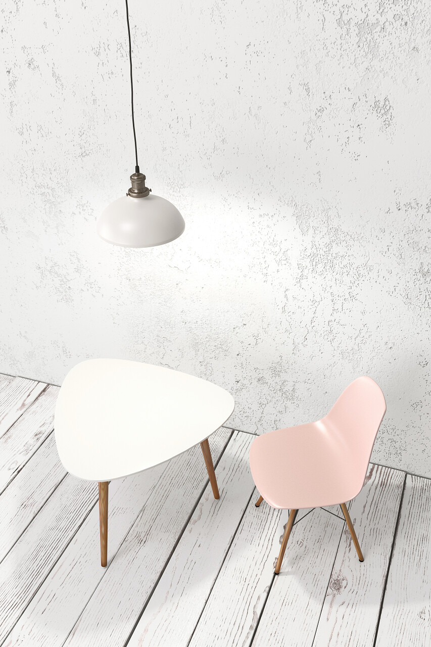 现代咖啡厅家具木板楼白墙上和上面的吊灯