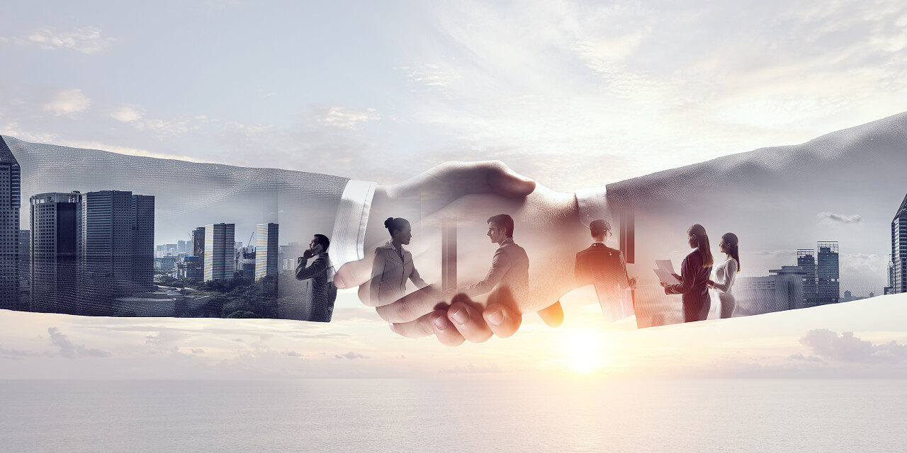 在城市背景下的商业握手的渲染图合作团结握手企业团结团结合作平台商务合作握手