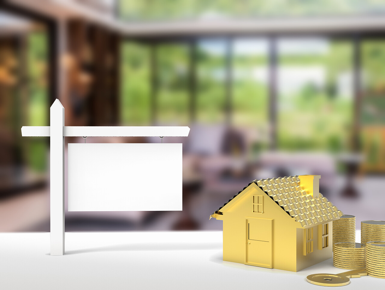 渲染的空白标志与房子背景