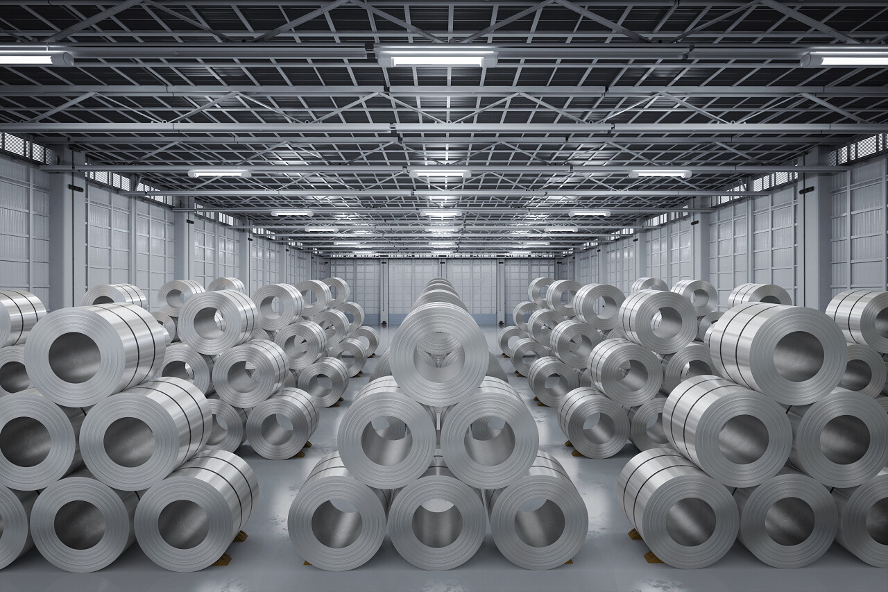 3D渲染图中的钢板厂仓库