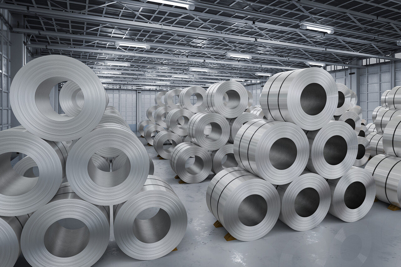 三维渲染的钢板厂的仓库