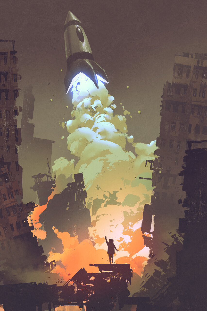 孩子在挥手告别火箭的插图绘画