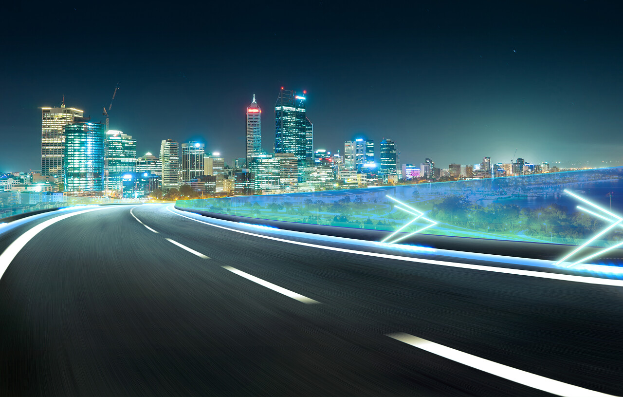 蓝色霓虹灯公路立交桥城市摄影图