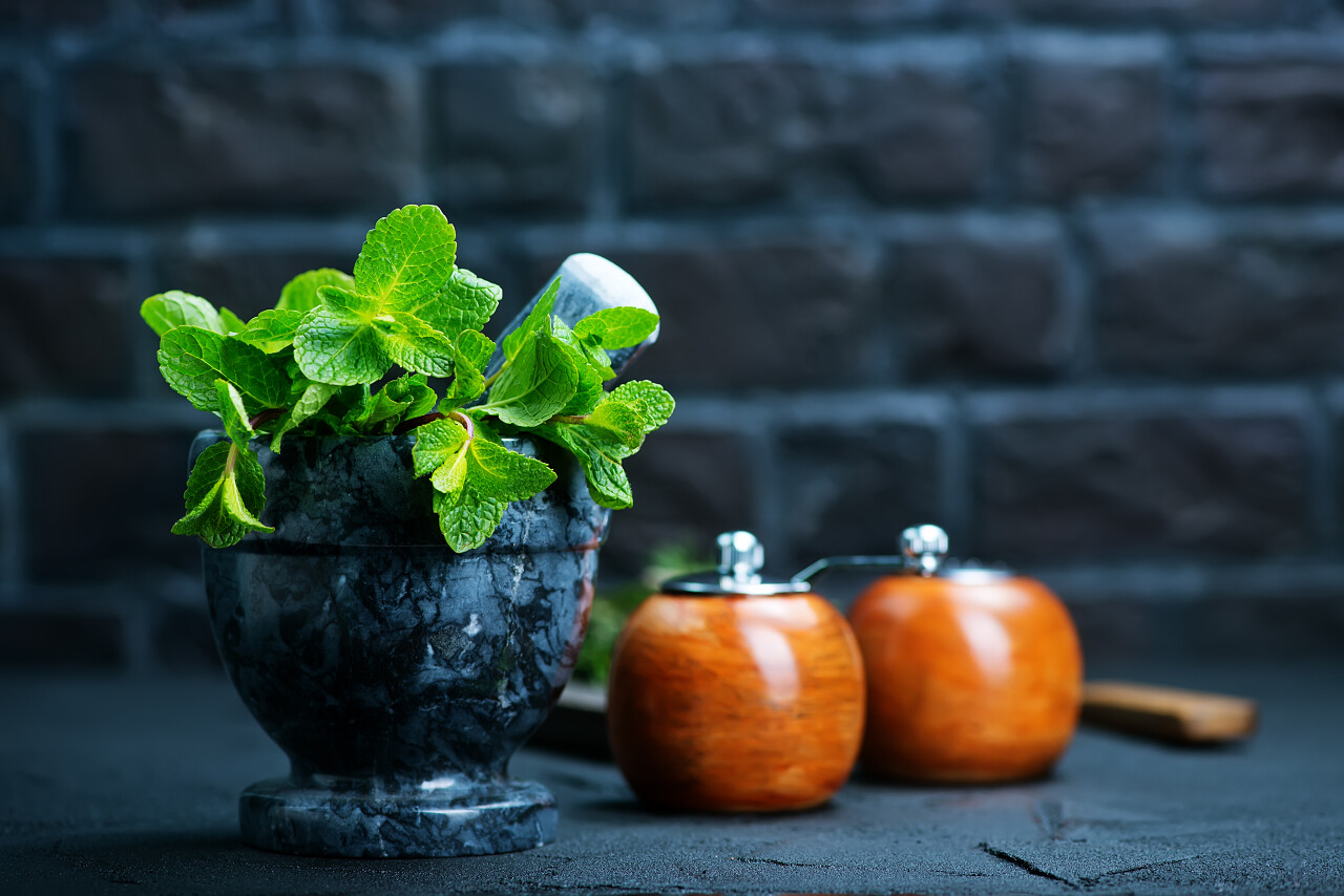 捣蒜缸中的新鲜薄荷叶