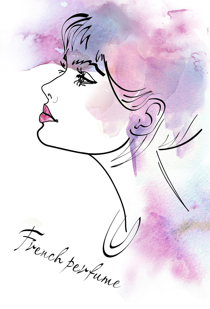 香水瓶的水彩年轻女子