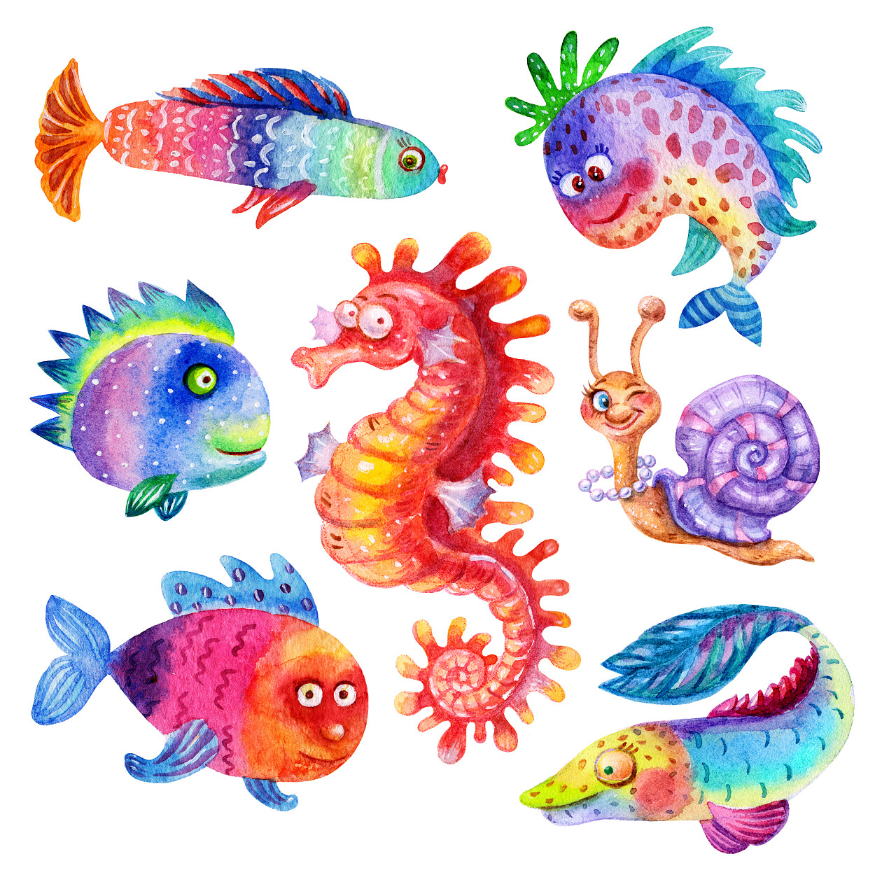 可爱的卡通水彩蜗牛打印插图