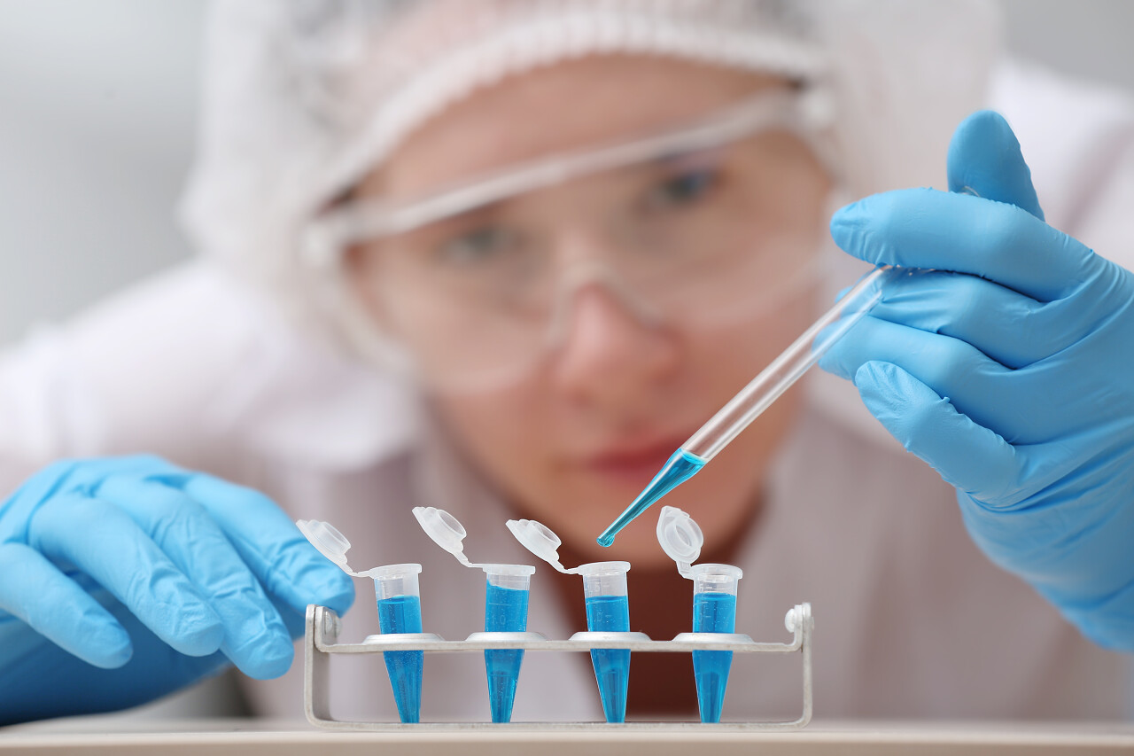 进一个试管中实验室科学家滴样本