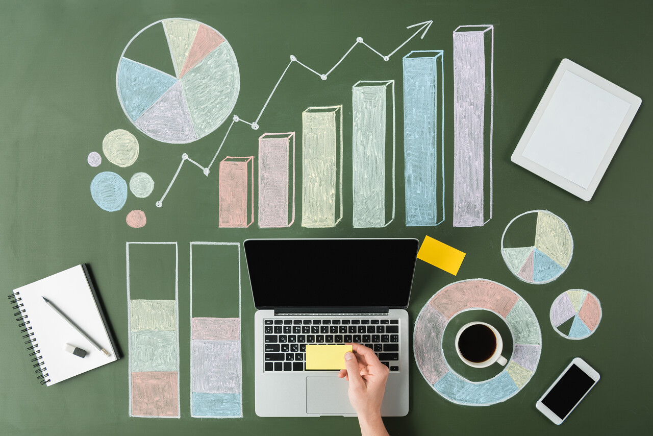 人类手附近商业图表与杯咖啡笔记本电脑上工作的笔记本电脑