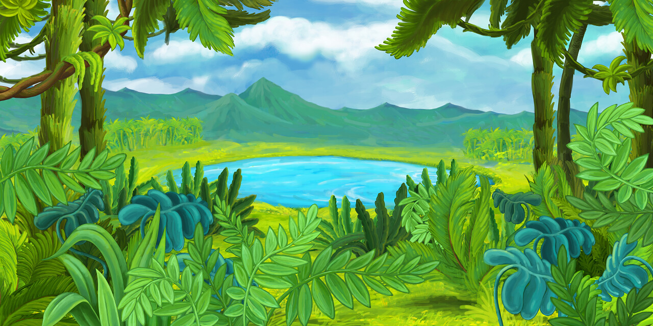 卡通自然风景与附近丛林里的池塘