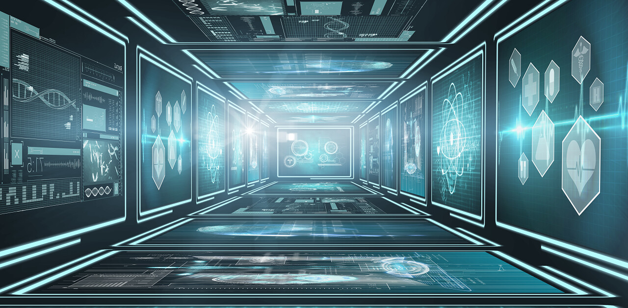 抽象的数字技术的复合三维图像接口与耀斑背景