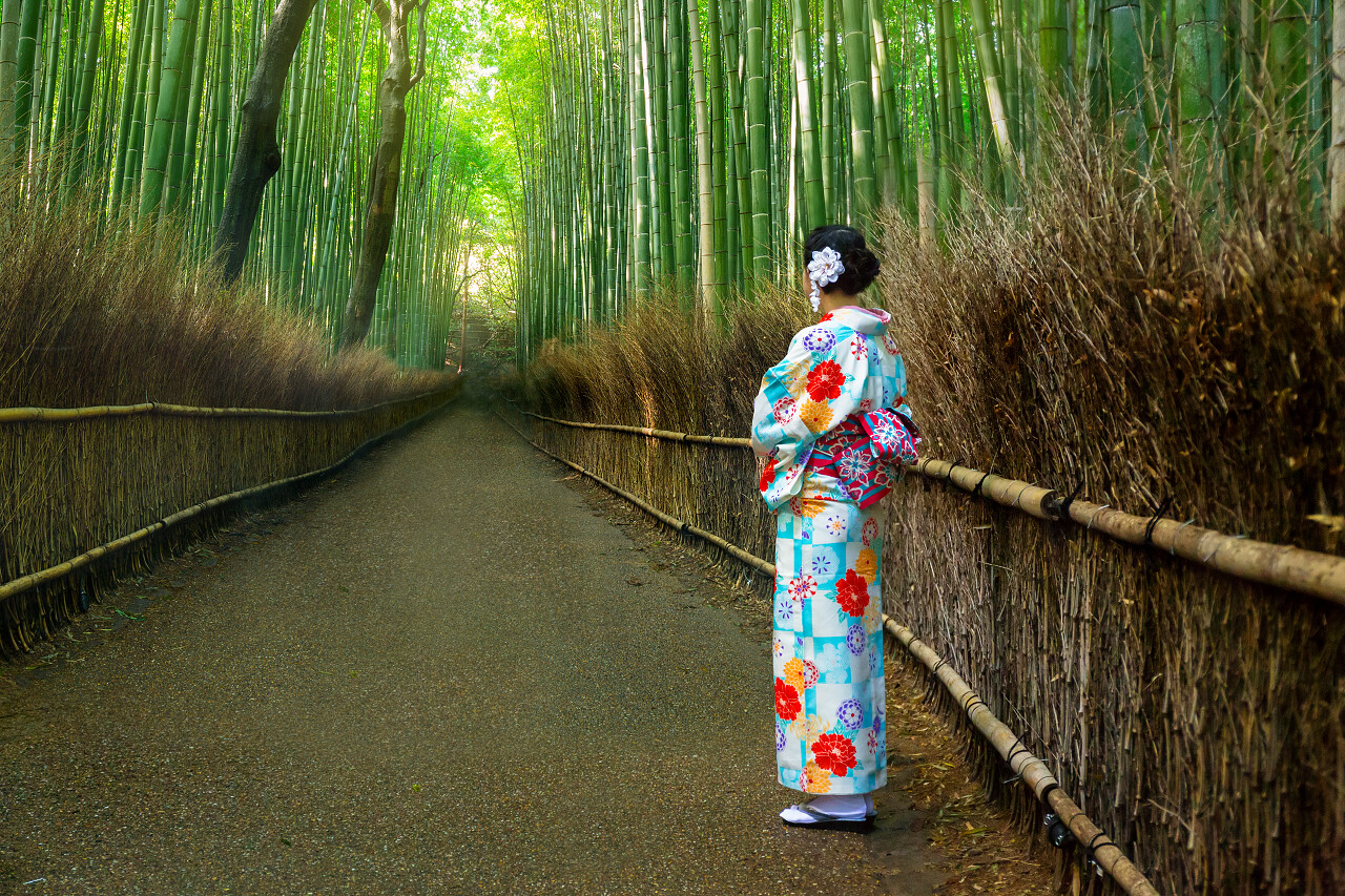 日本女性在竹林站立日本旅游