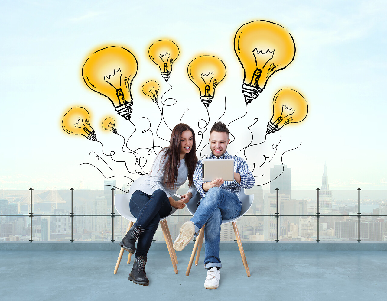 绘制的灯泡气球创意概念思维思考