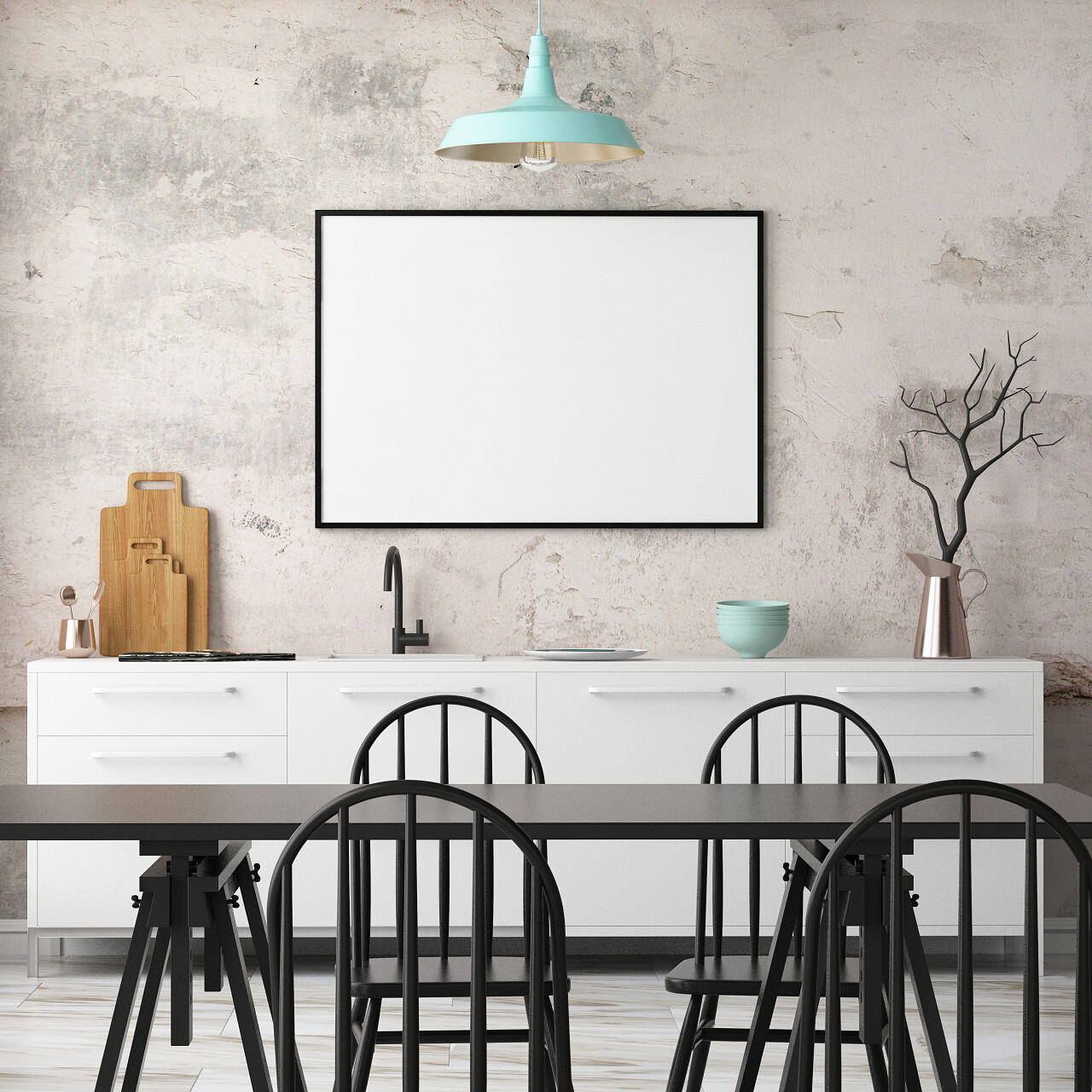 光的颜色与黑色的桌子和椅子在厨房及样机室内