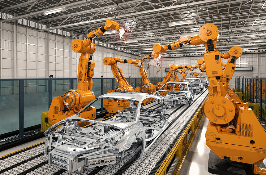 工厂安全生产安全生产月渲染机器人装配线在汽车厂