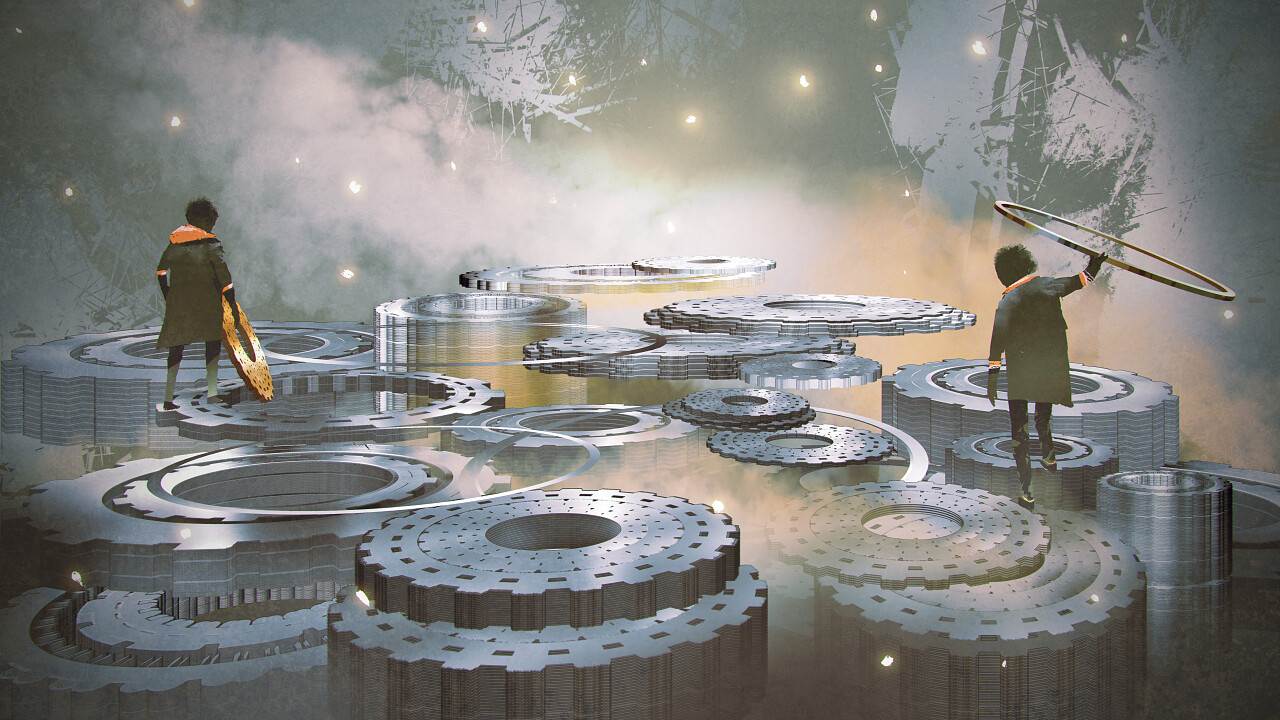 两个男孩站在大齿轮与许多齿轮周围