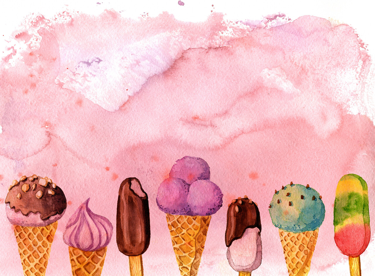 水彩冰淇淋在华夫格锥手绘制的插图
