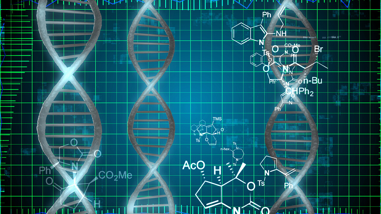 3d渲染DNA螺旋与生物化学公式的蓝色背景