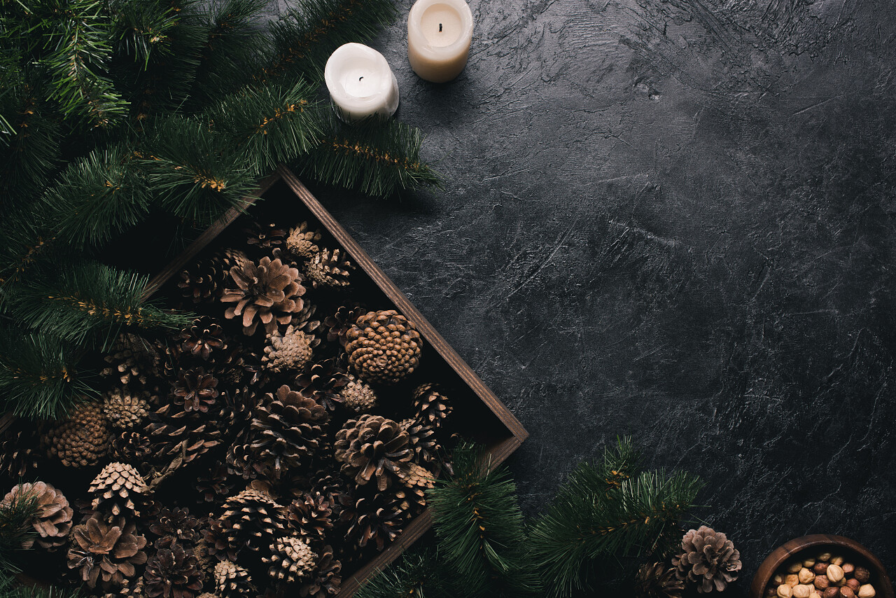 木制的盒子和松果