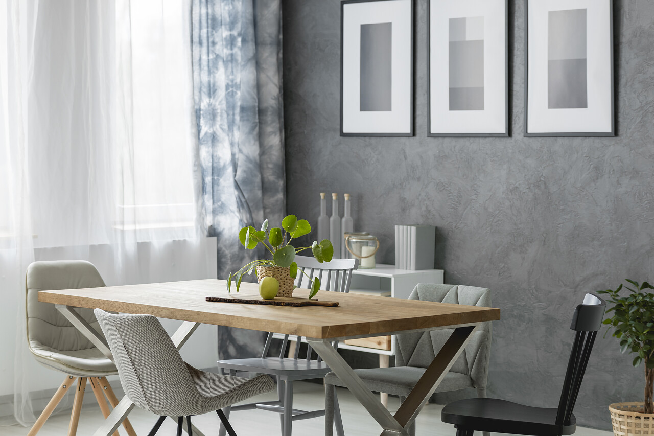 植物和苹果在木桌与椅子在舒适的饭厅与绘画在灰色墙壁在橱柜之上