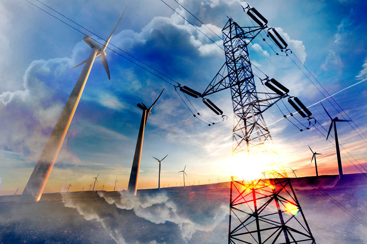 抽象双重曝光可再造能源风电场风力涡轮机新能源发电