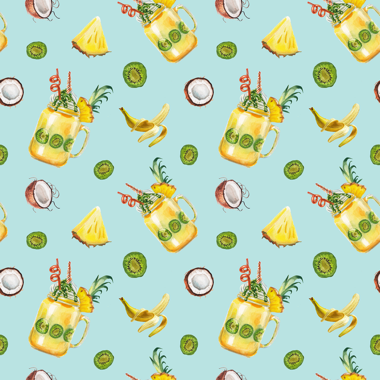 水彩热带水果鸡尾酒