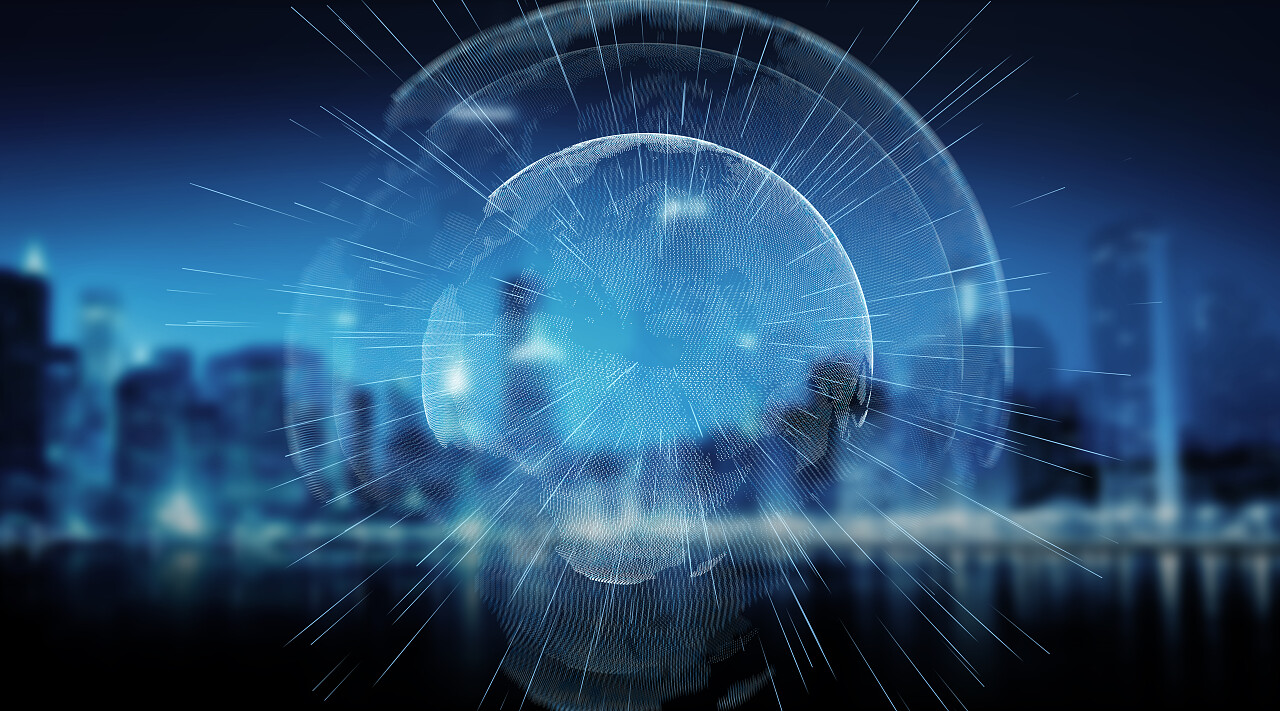 连接系统球体全球世界观在城市背景3d 渲染