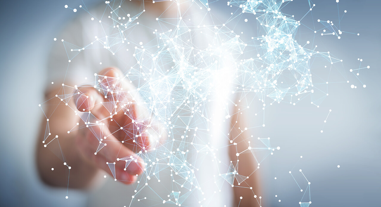 商人在触摸飞行网络连接 3d 渲染的模糊背景