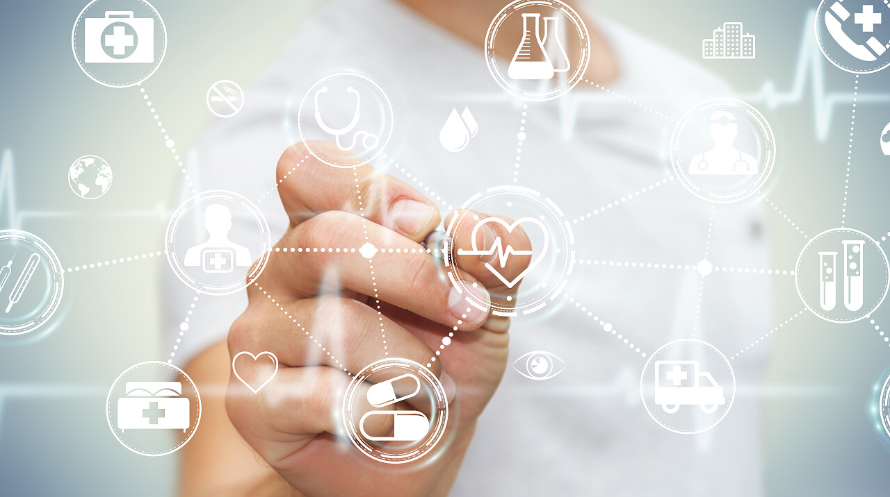 商人在数字医疗接口用笔 3d 渲染的模糊背景