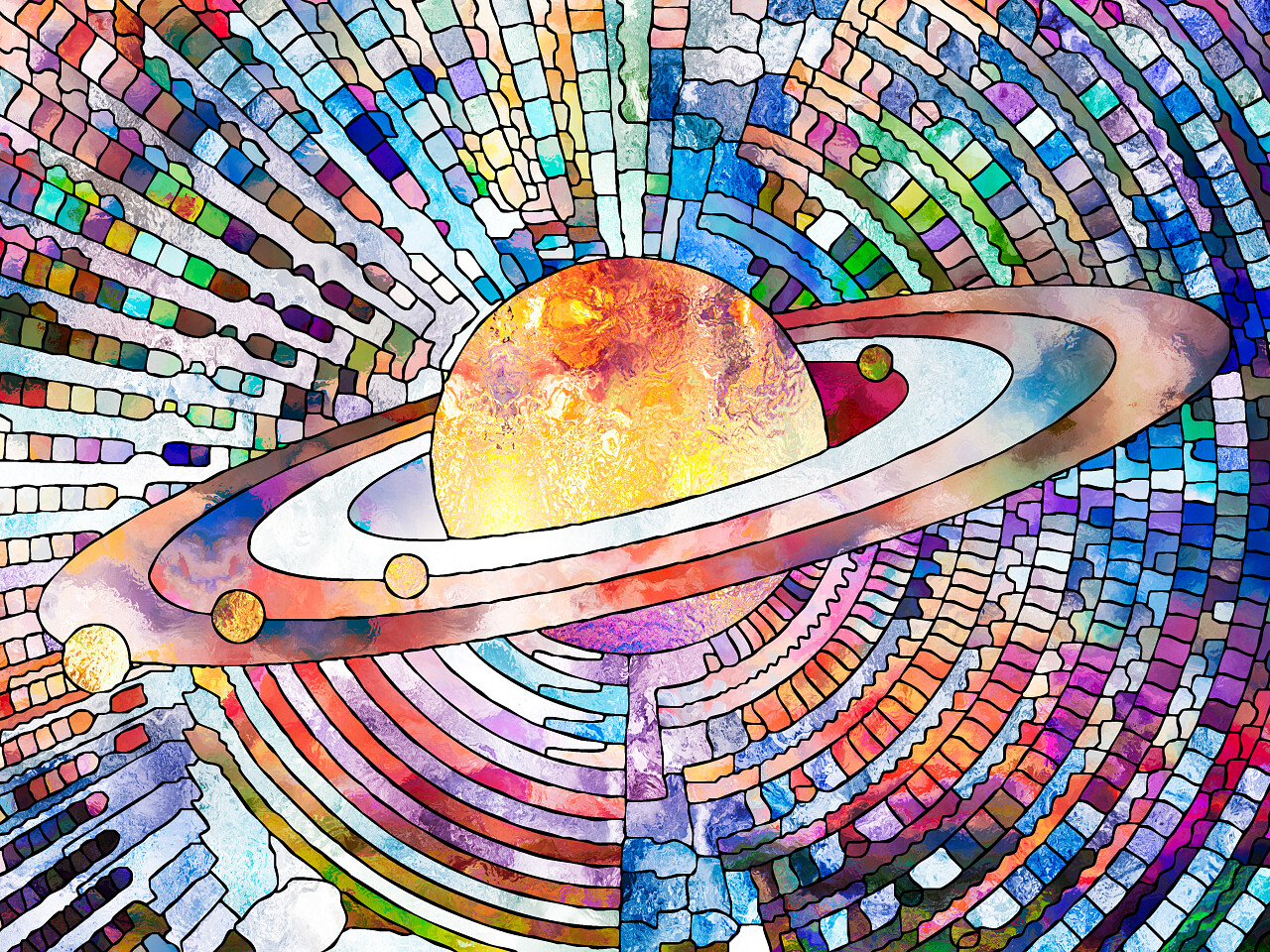 马赛克风格关于科学教育天文学和自然主题的土星形象