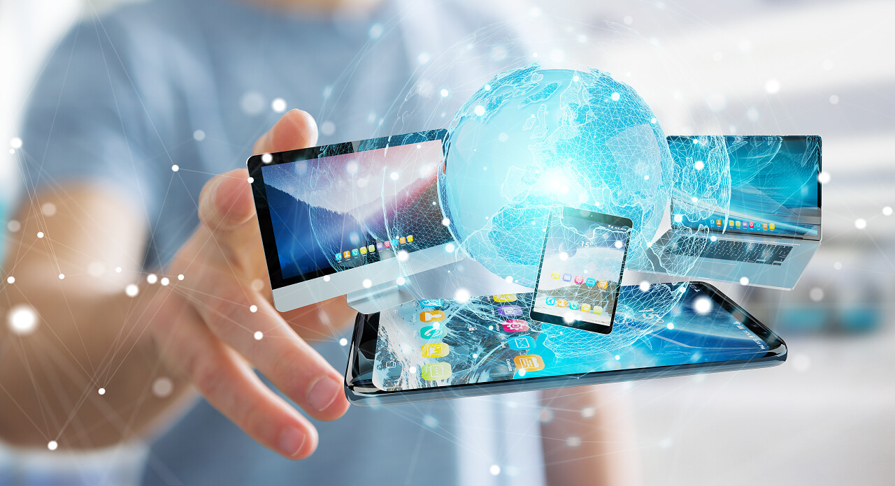 商人将技术装置和图标应用与其他3D渲染连接在一起