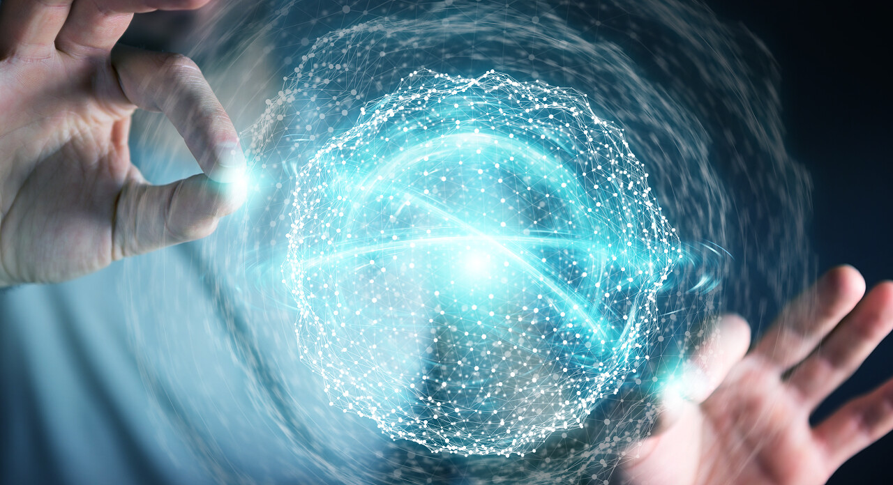 生意人在模糊的背景使用数字式网络连接球面3d 渲染