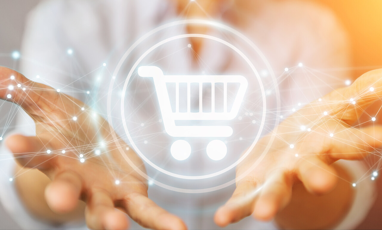 女实业家在模糊的背景使用数字购物图标与连接3d 渲染