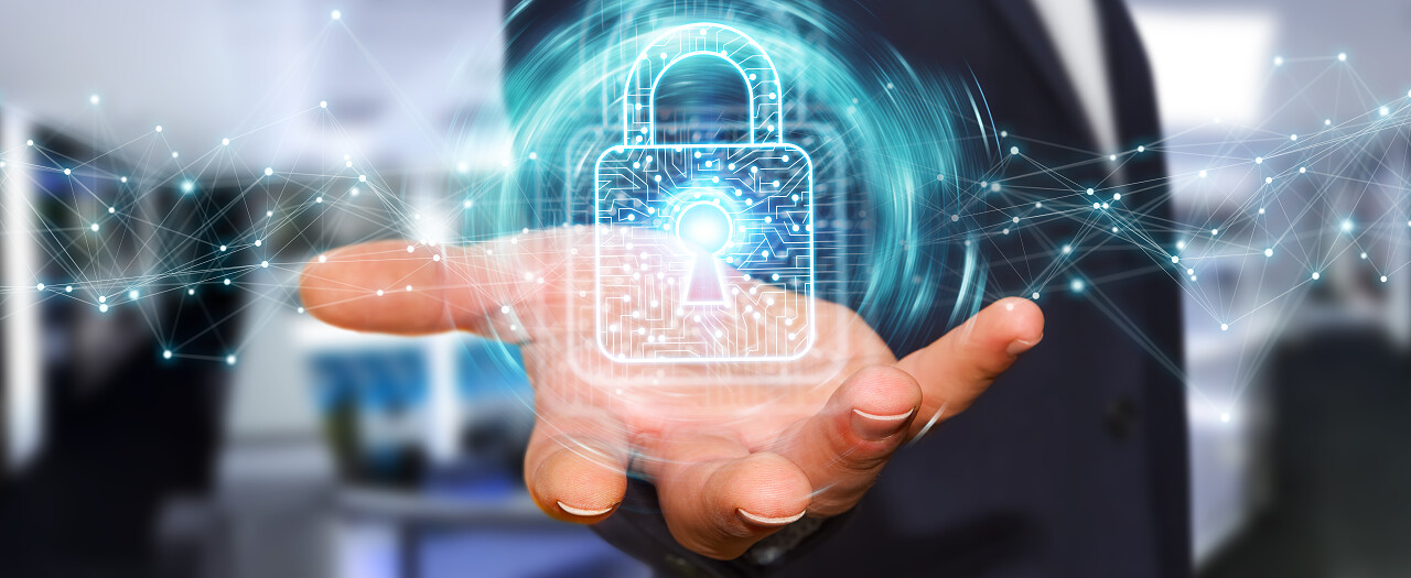 生意人在模糊的背景使用数字式挂锁与数据保护3d 渲染