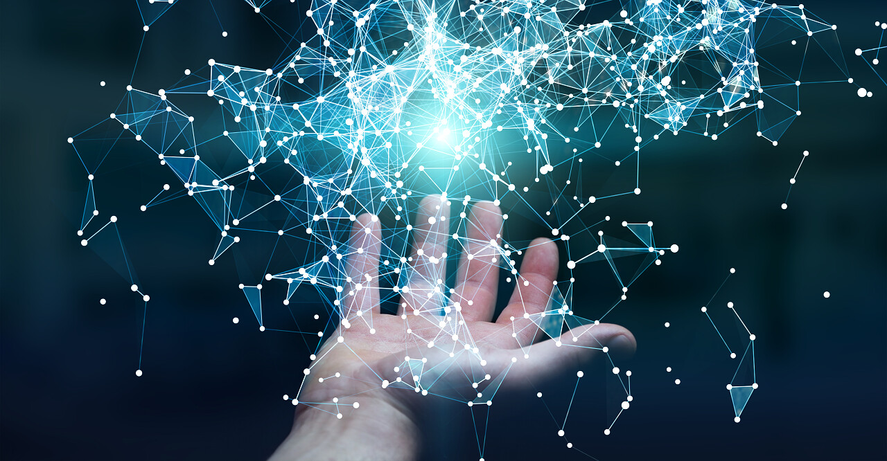 商人在持有飞行网络连接 3d 渲染的模糊背景