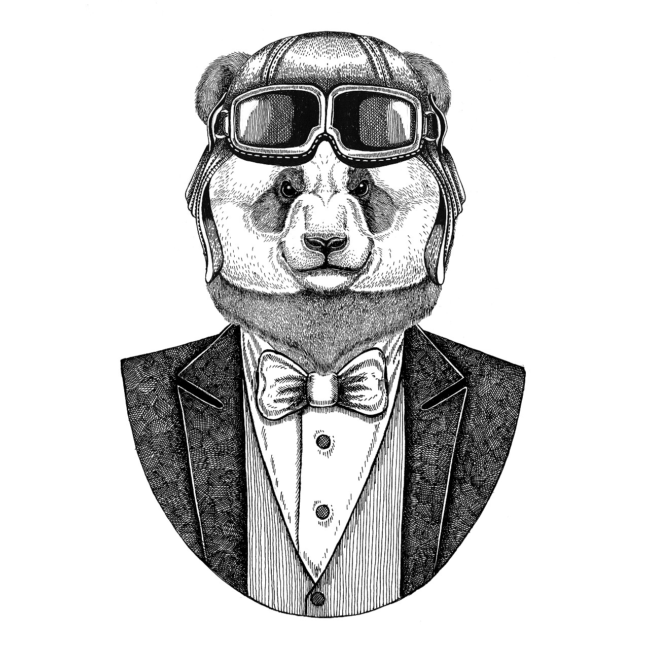 野生动物佩带飞行员头盔和夹克与弓领带飞行俱乐部手绘插图为纹身