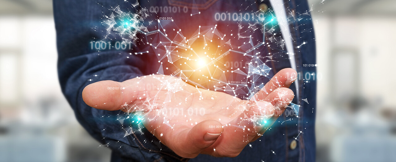 商人在模糊的背景使用数字二进制代码连接网络3d 渲染