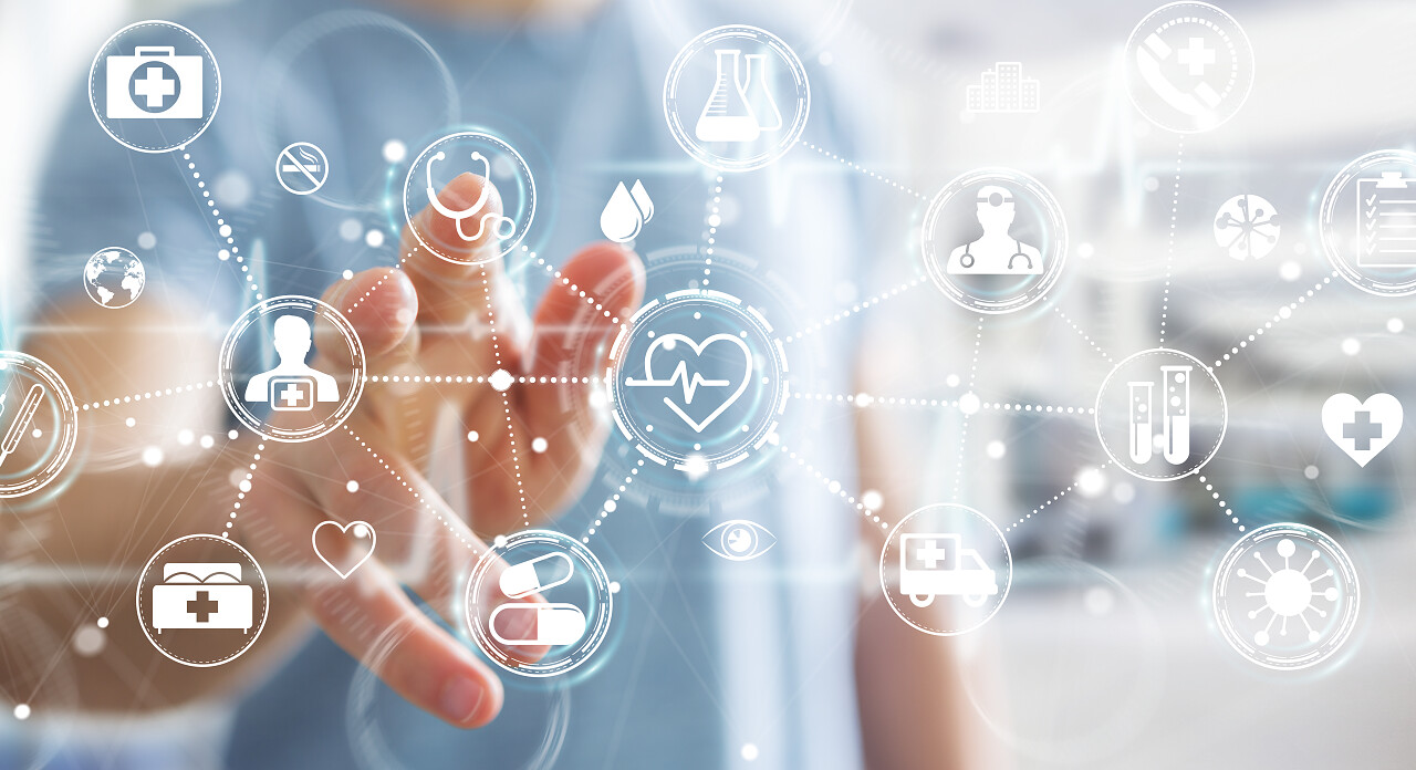 使用数字医疗接口 3d 渲染的模糊背景的商人