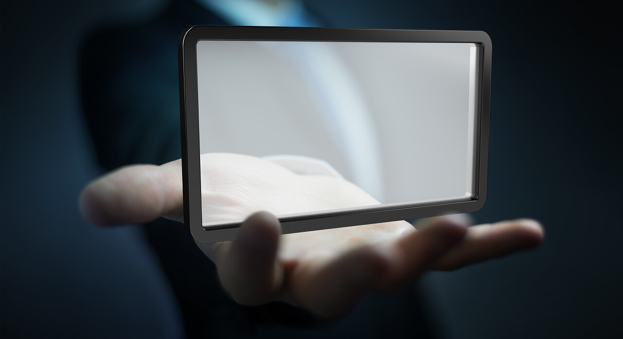 使用数字屏幕平板电脑 3d 渲染的模糊背景的商人