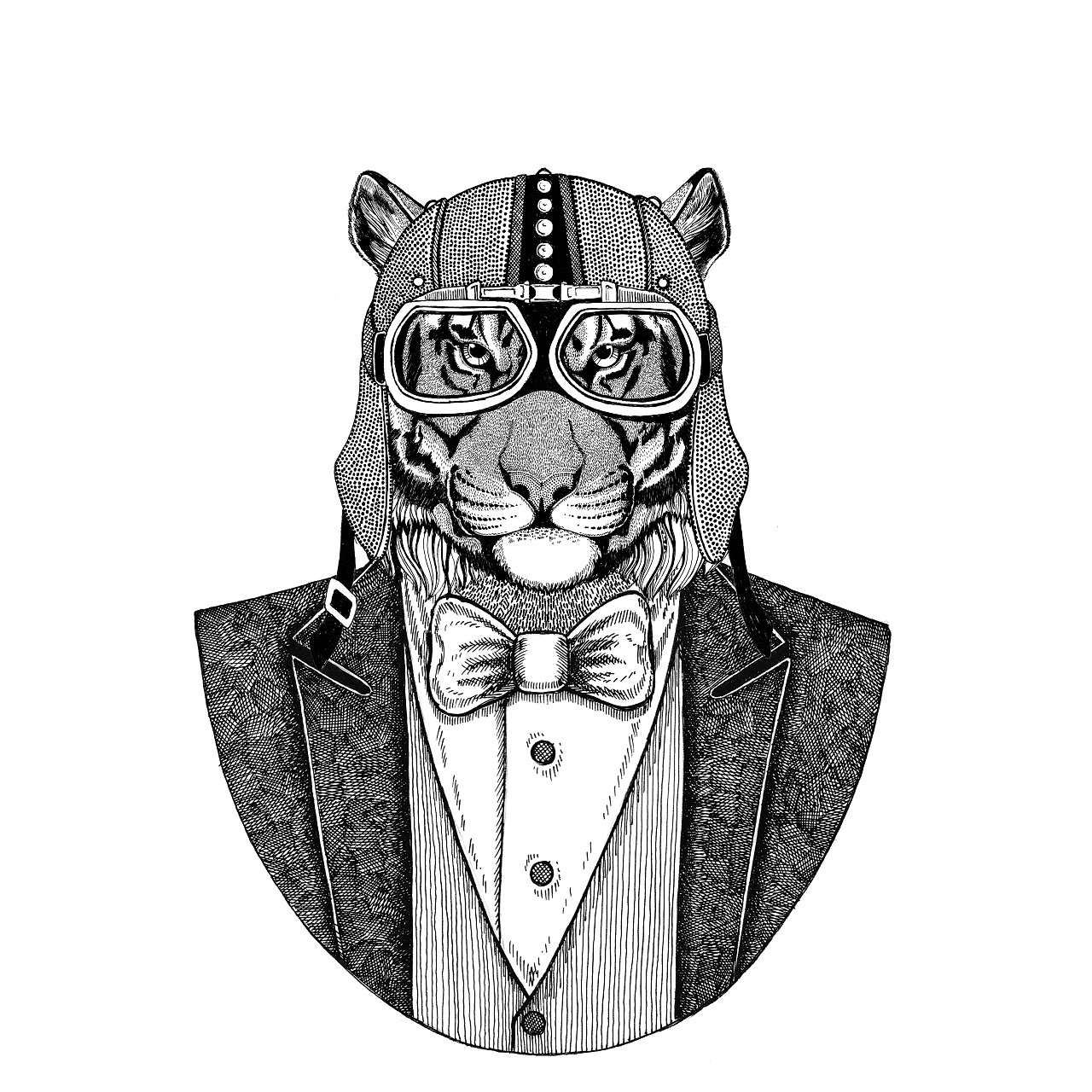 野生老虎动物穿夹克与弓领带和车手头盔或 aviatior 头盔