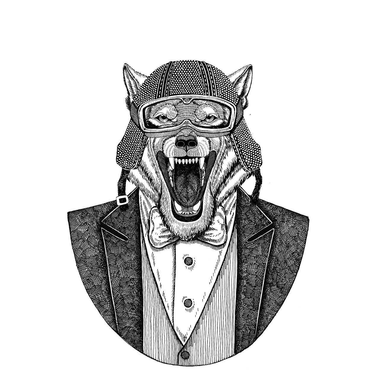 野生狗的动物穿夹克与弓领带和车手头盔或 aviatior 头盔