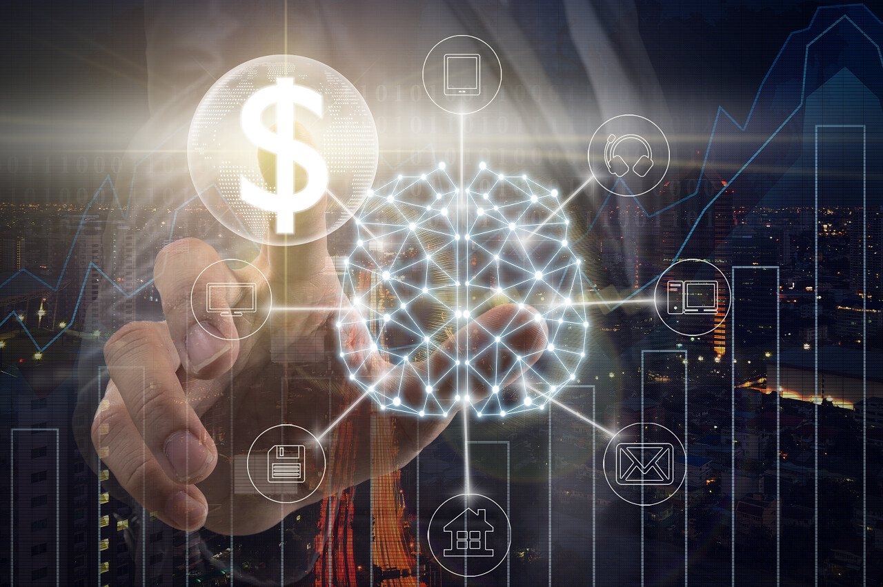 商人的手接触全球网络和美元货币文本金融技术或Fintech在城市背景