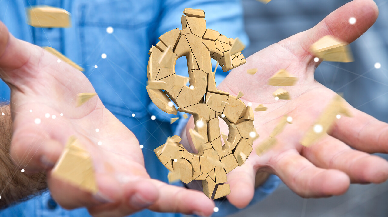 商人在与爆炸美元货币3d渲染的模糊背景智能财务